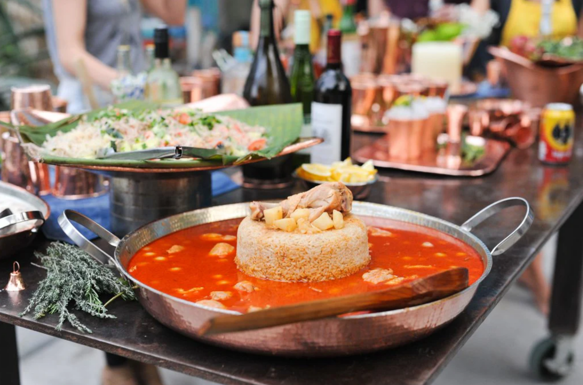 Hammered copper paella pan with stainless steel handle