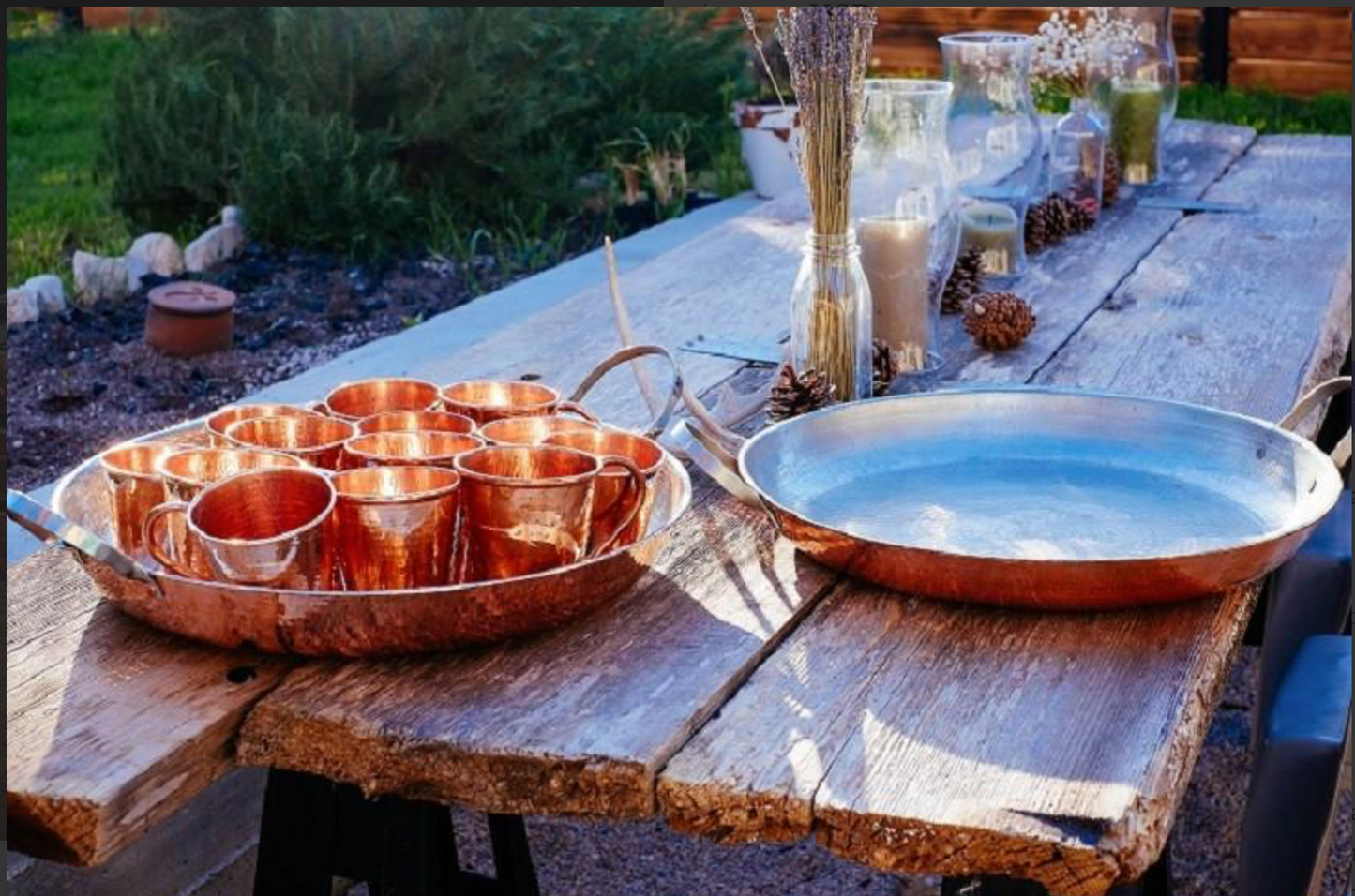 Hammered copper paella pan with stainless steel handle