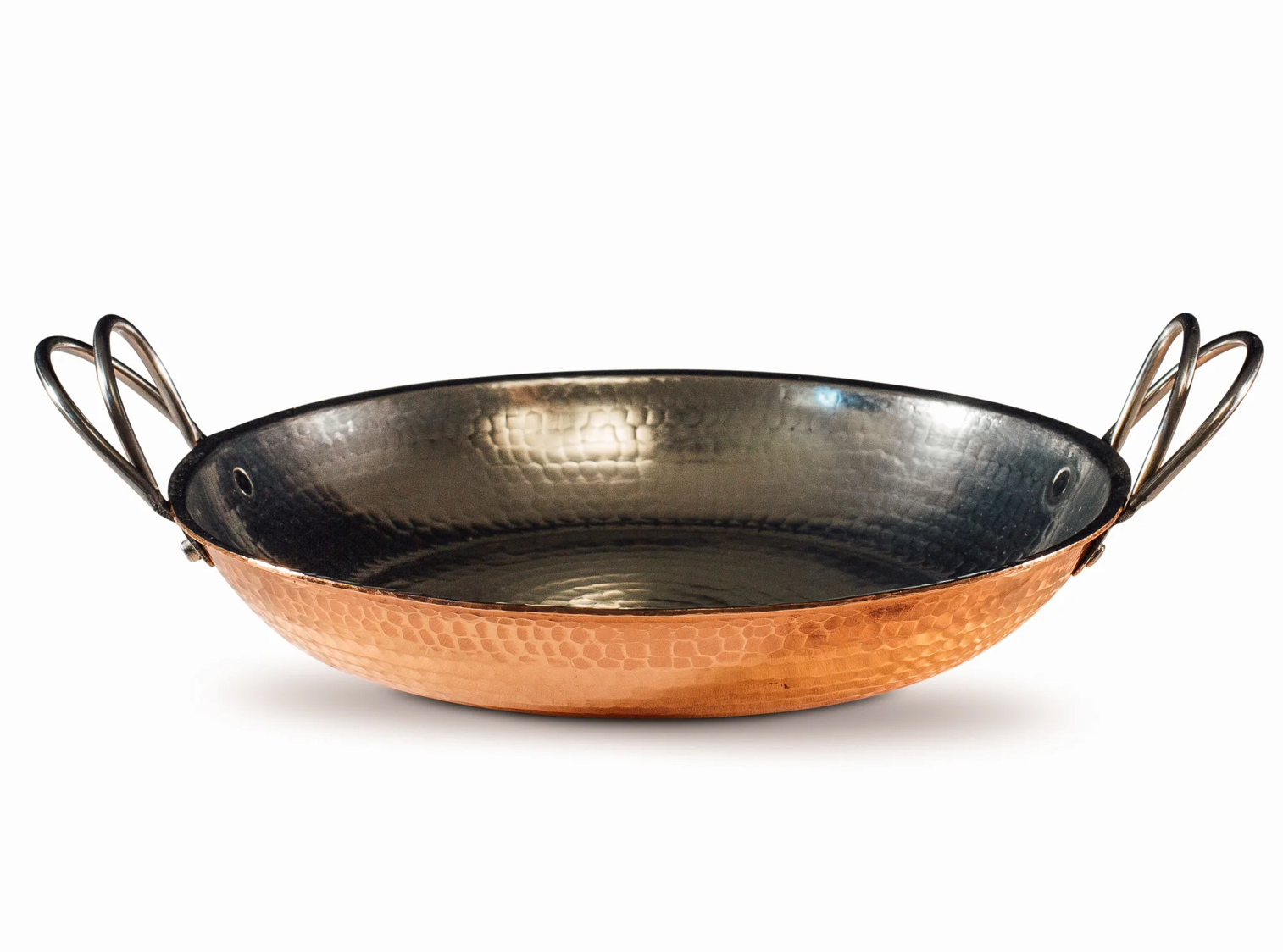 Hammered copper paella pan with stainless steel handle
