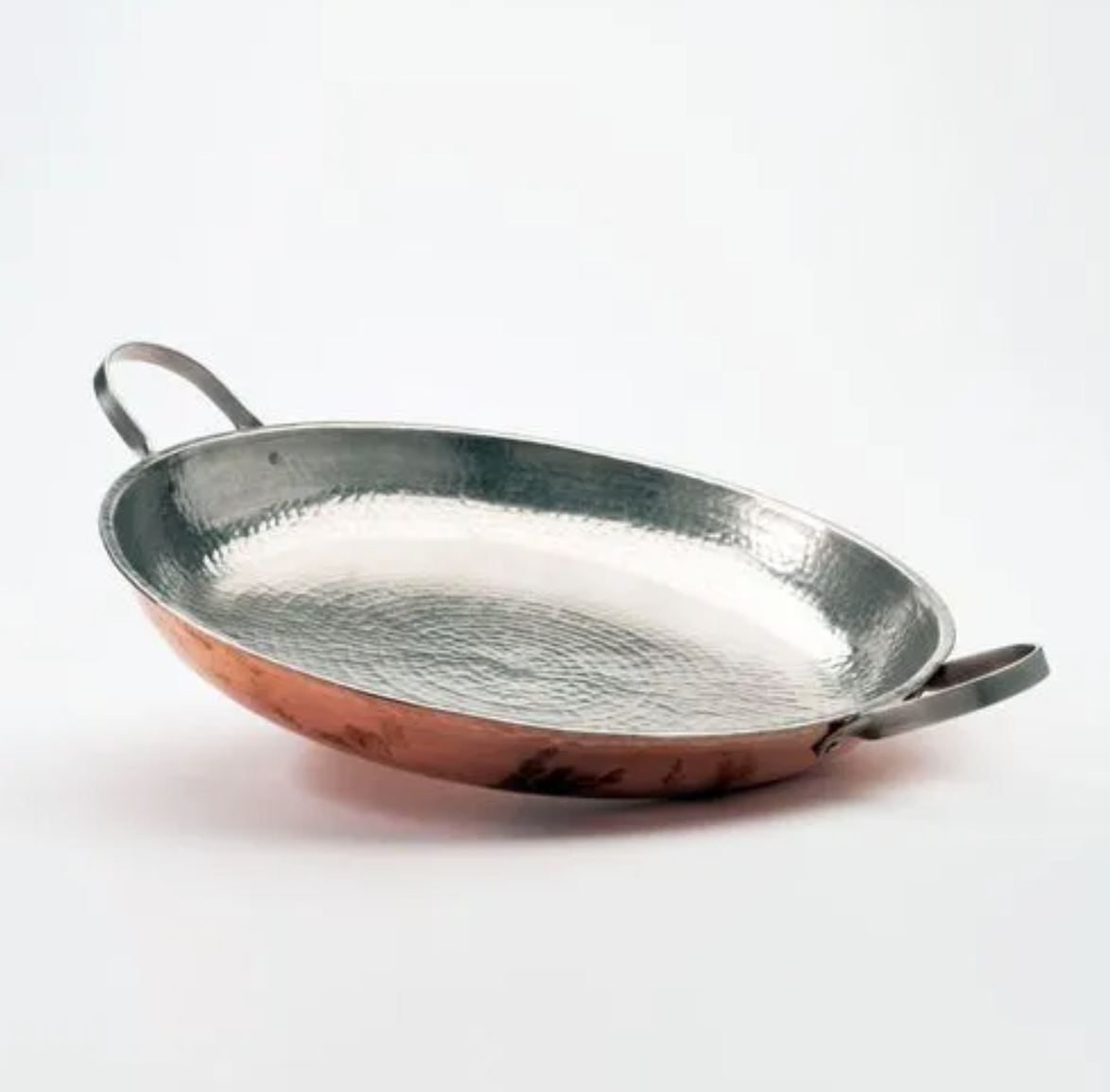 Hammered copper paella pan with stainless steel handle